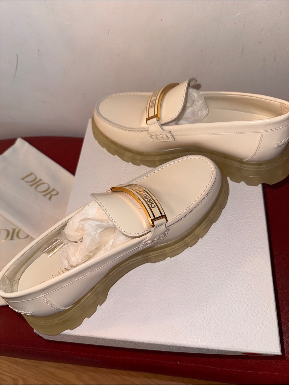 Dior Cream Leather Loafers with Gold Plaque and Translucent Sole